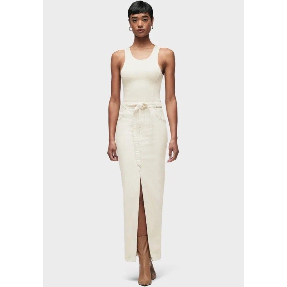 Hudson Women’s Denim Tie Waist Maxi Skirt Front Slits Ecru Read